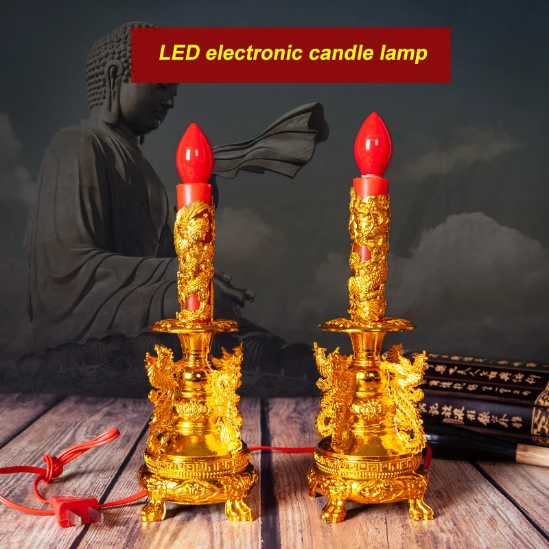 2 PCS Candle Holders Dragon Phoenix Pattern Strengthening Buddha Image Shrine New Year Electric Candlestick With Light Bulbs