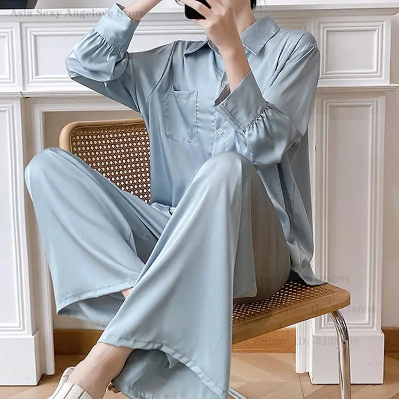 

Комплект женской пижамы (рубашка и брюки) из шелкового атласа: свободная повседневная домашняя одежда, сексуальное ночное белье для сна, новинка весна-лето, комплект для отдыха