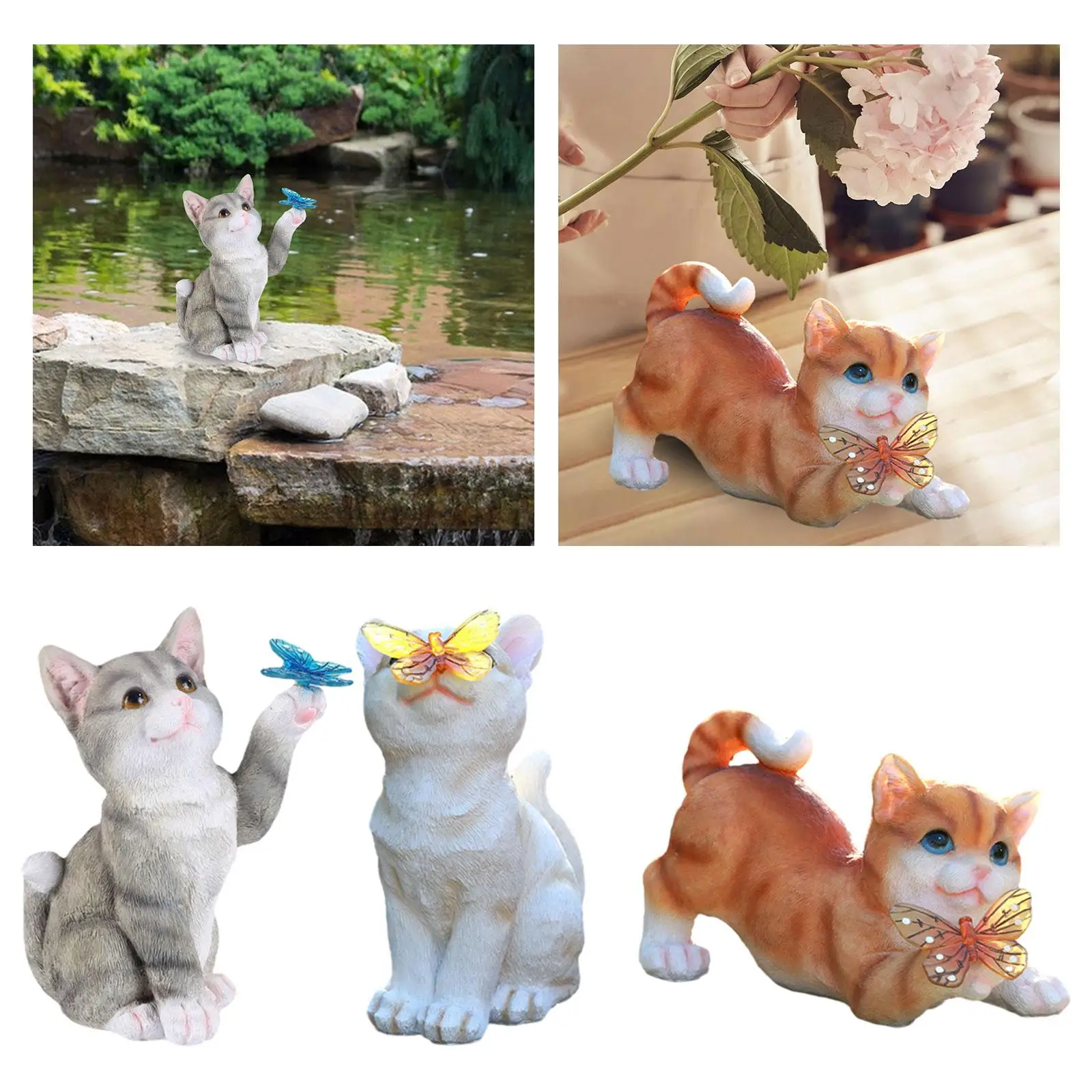 Solar Powered Cat Figurine Garden Statue Outdoor Sculpture Lamp Resin Kitten Butterfly Light Decor for Patio Porch Backyard
