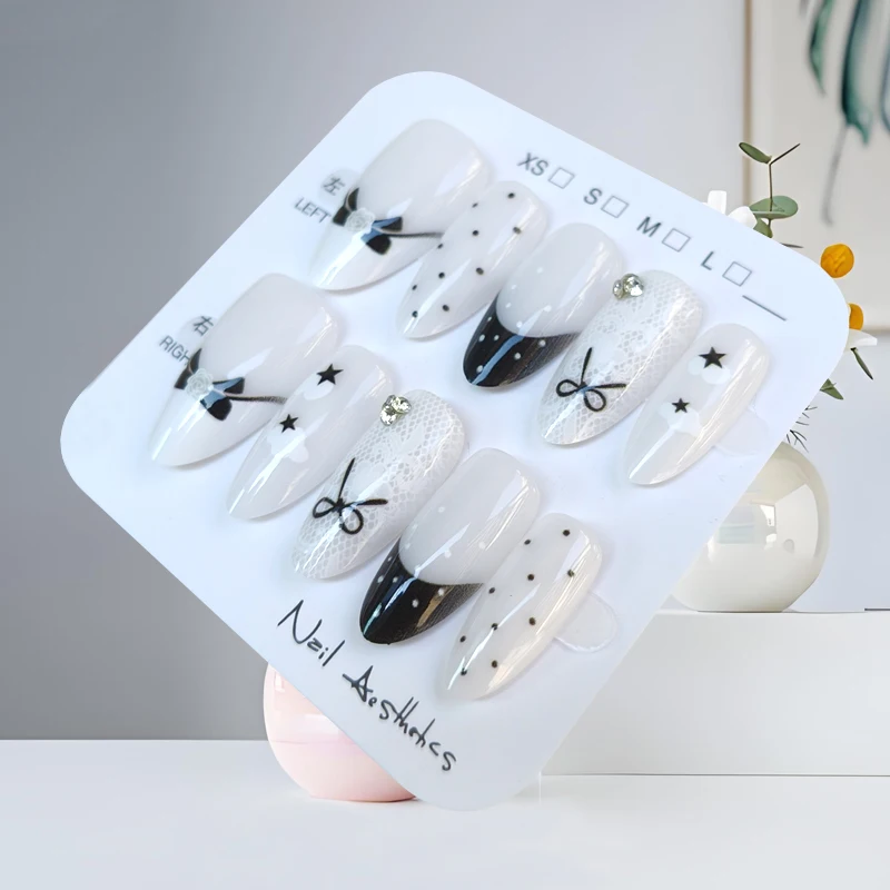 10 Uds. De encaje en forma de almendra con lazo de lunares de estilo francés, pegatinas para decoración de uñas en blanco y negro, prensa para uñas postizas