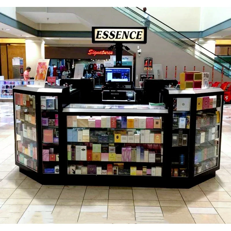 

Custom, Modern Shopping Mall Perfume Booth Display Kiosk Perfume Store Showcase with LED Lighting