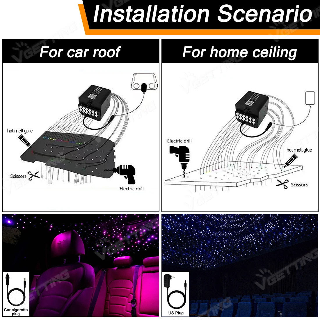 4 منفذ 32 واط 2 في 1 RGBW وميض النجوم مجموعة غطاء الرأس النيزك الألياف البصرية سقف السيارة اطلاق النار أضواء السقف للمنزل APP & RF عن بعد #5