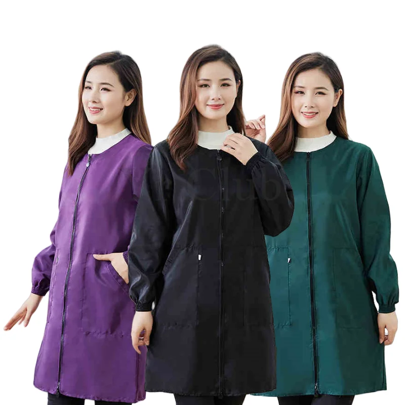 Waterproof Work Clothes Long Sleeve Apron Kitchen Cooking Oil-proof Gown Workshop Uniform Women's Work Smock Non Elastic Fabric