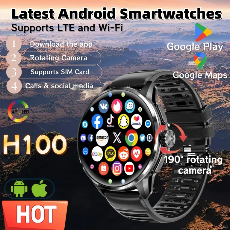 

2026 Android H100 Smart Watch 4G/5G Full Network 1.6‘‘AMOLED Large Battery 190° Rotating Camera Google Play WiFi GPS Smartwatch