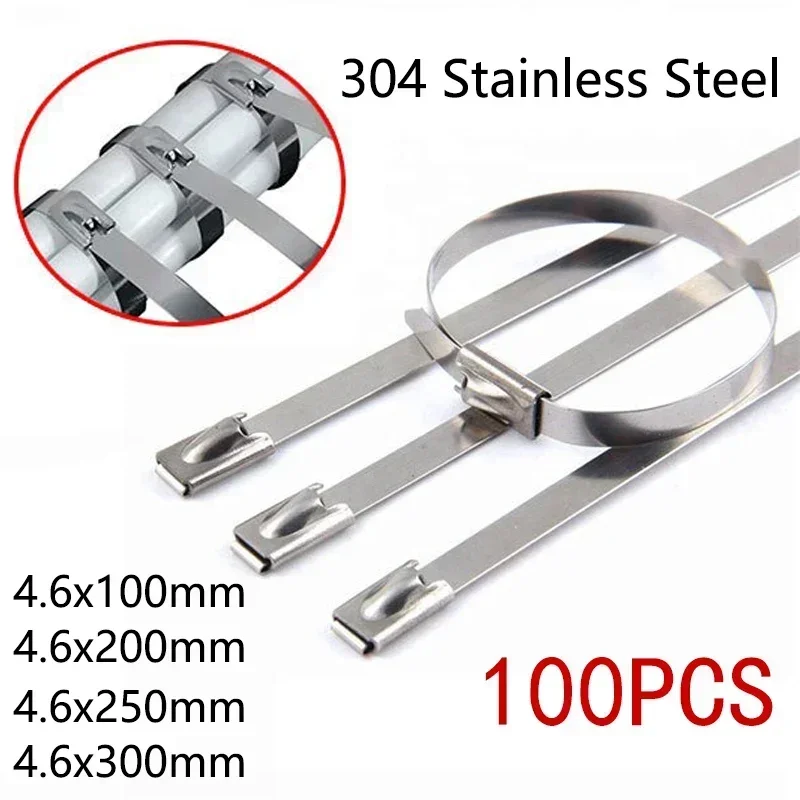 100Pcs 304#Stainless Steel Cable Ties Heavy Duty Self-Locking Cable Zip Tie Multi-Purpose Metal Exhaust Wrap Locking Ties