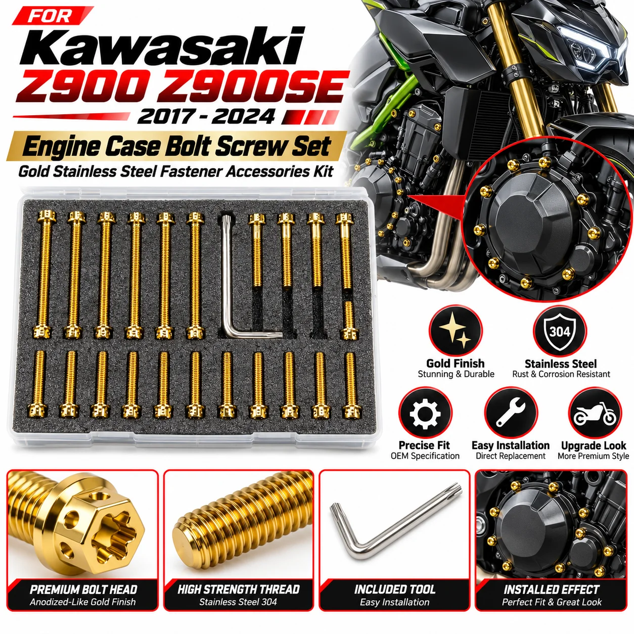 For Kawasaki Z900 Z900SE 2017-2024 Motorcycle Engine Case Bolt Screw Set Gold Stainless Steel Fastener Accessories Kit