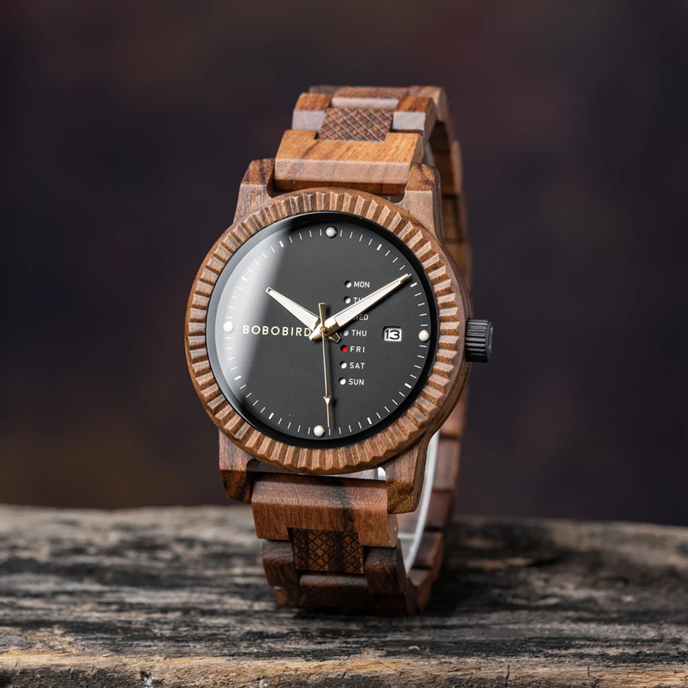 BOBO BIRD Watches Men's Quartz Wooden Wristwatches Date Week Display Wood Timepieces For Men Great Gift Dropshipping Custom