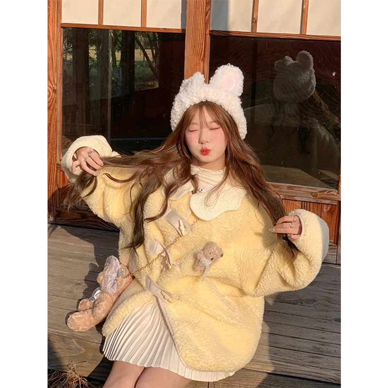 

Kawaii розовое пальто из овечьей шерсти, женская японская лоскутная пушистая куртка в стиле Харадзюку, корейская меховая верхняя одежда с длинными рукавами