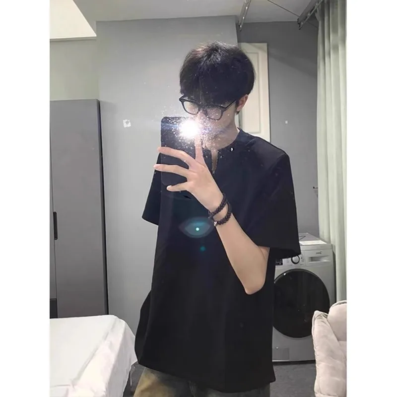 Men's T-shirt Summer New Fashionable Half Zipper Shoulder Pads T-shirt Men's Short Sleeve Riveted Design Half Sleeve Top