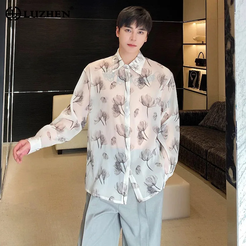 

LUZHEN Fashion Printed Translucent Designer Long Sleeved Shirts Original Fashion Street Korean Men's Tops Free Shipping LZ3334