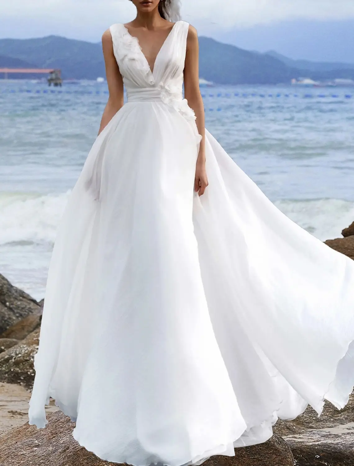 

Elegant A-Line V Neck Beach Boho Court Train Sleeveless Backless Woman Wedding Dresses Bridal Engagement Party Customize