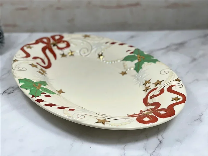 Lenox Ceramic Gold Tracing Family Christmas Plate Oval Embossed Decorative Plate Home Tabletop Decoration Christmas Decoration