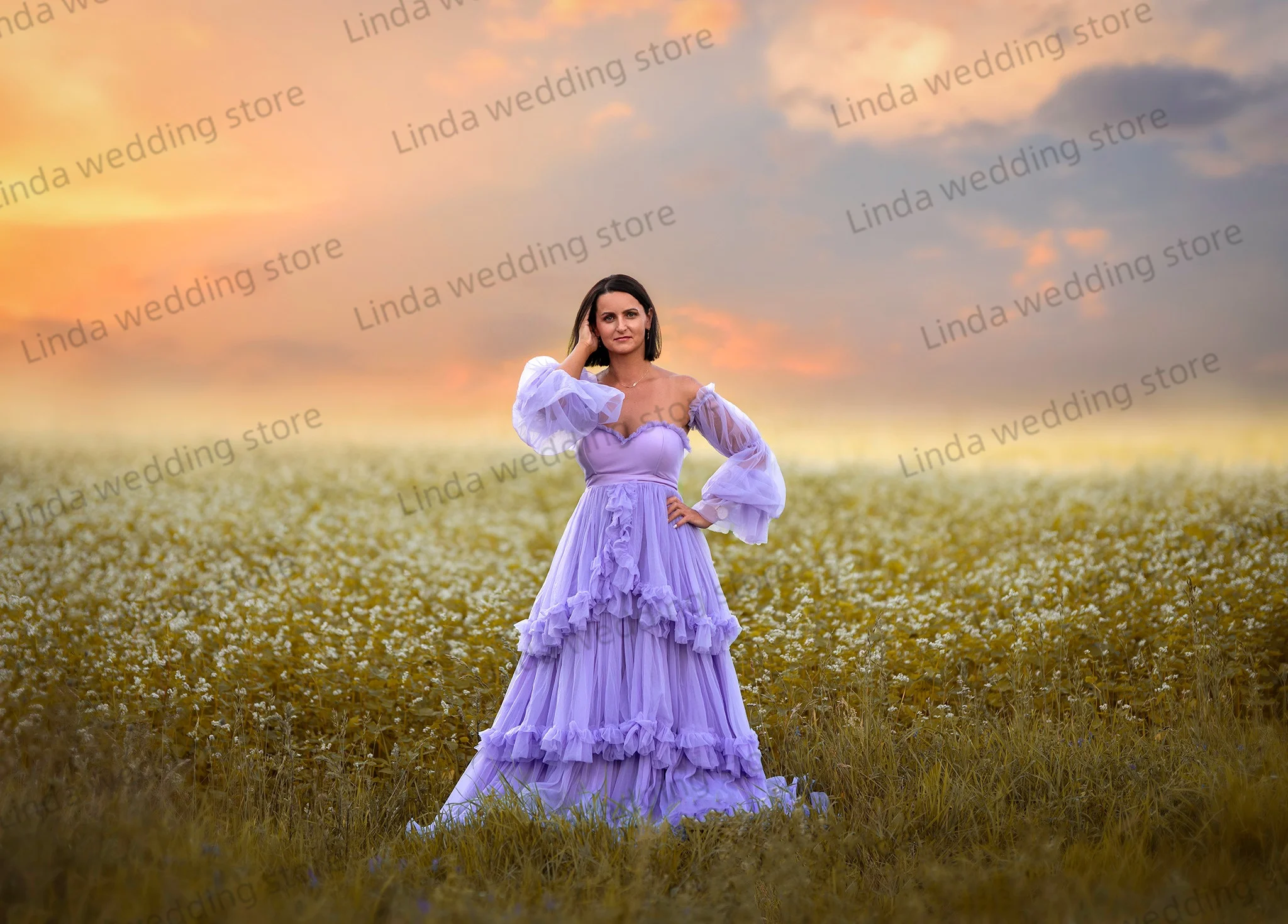 New Lilac Maternity Gowns for Women Sweetheart Tiered  Ruffles Pregnancy  Prom Gowns Photo Shoot Dressing Babyshower Robes