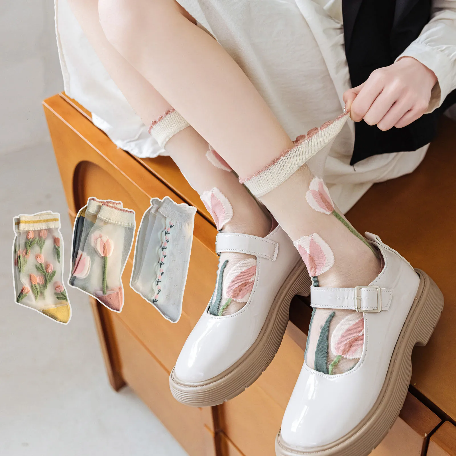 

Women Fashion Summer Harajuku Crew Socks Retro Flower Streetwear Elastic Long Socks Ultra-thin Transparent Crystal Silk Socks