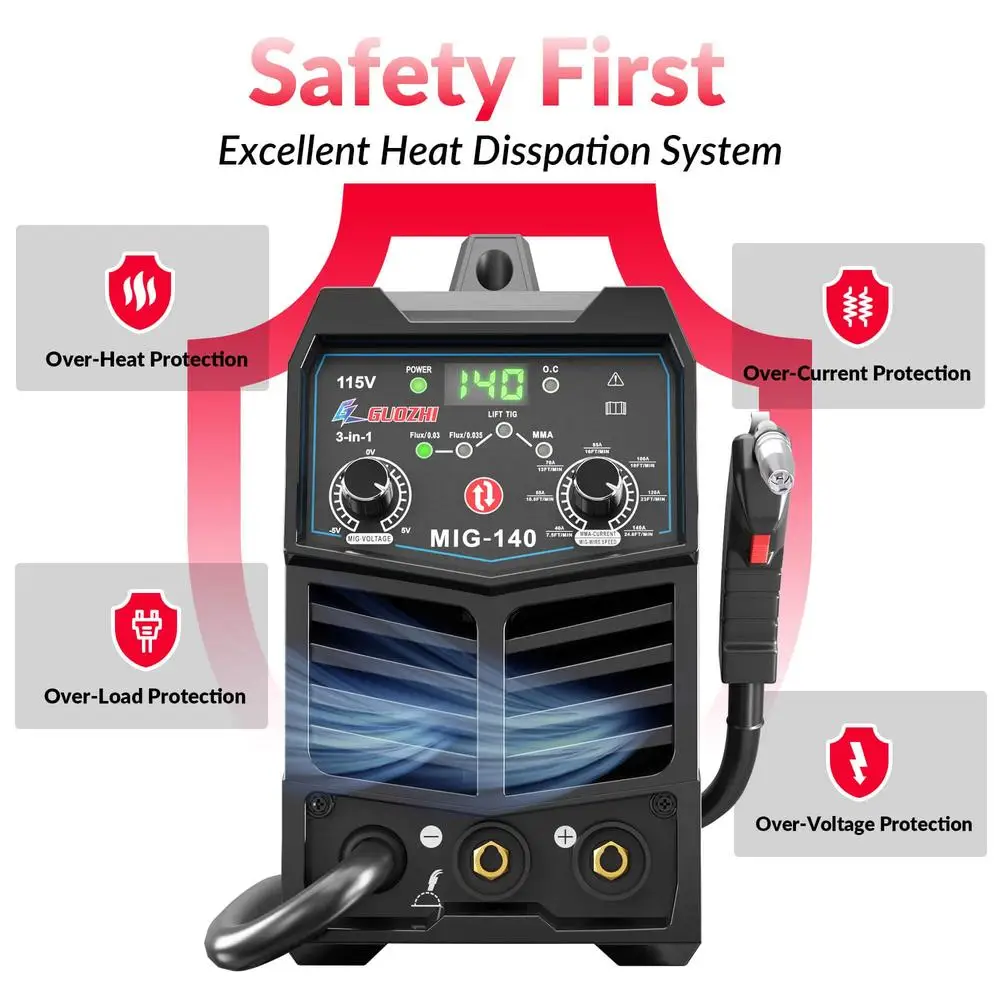 140 A Spawarka MIG Drut spawalniczy z rdzeniem topnikowym .030 Spawarka wieloprocesowa 3 w 1 Sterowanie synergiczne Funkcje bezpieczeństwa Przenośna konstrukcja