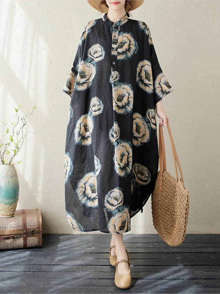 Oversized Summer Midi Shirts Dress Women Floral Print Fashion Irregular Pleated Ruffle Ladies Dresses Loose Casual Woman Dress