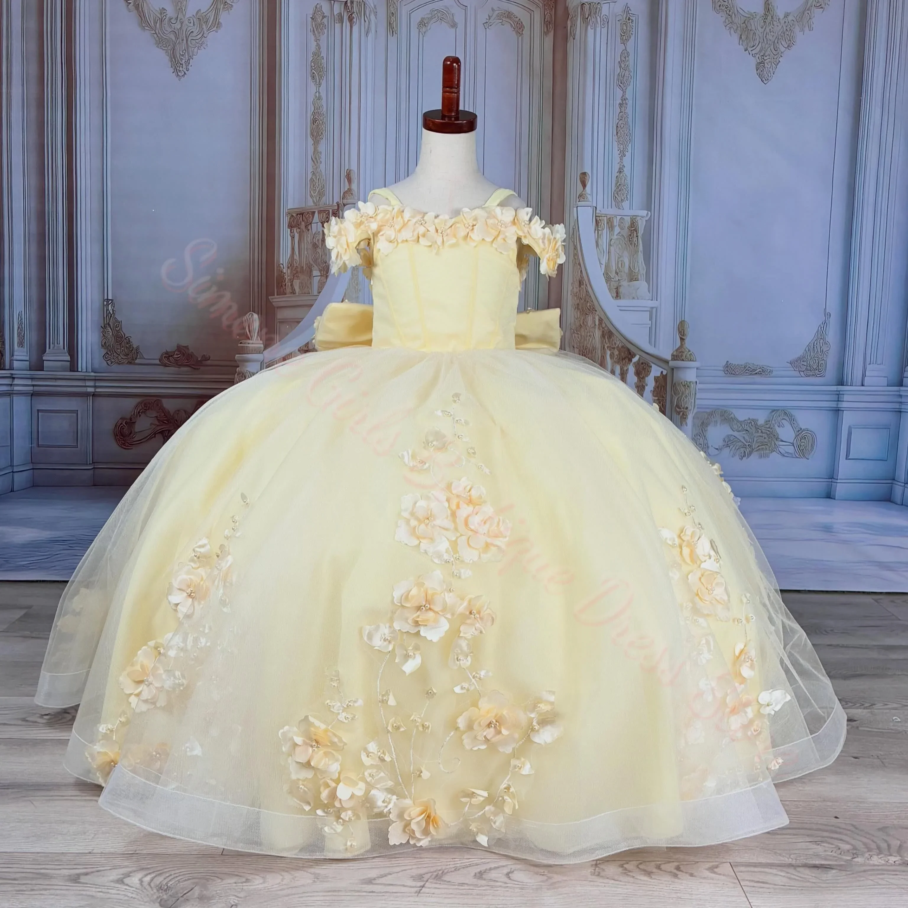 Yellow Flower Girl Dress for Wedding Appliques High Waist Floor Length Elegant Kids Birthday First Communion Gown Customized