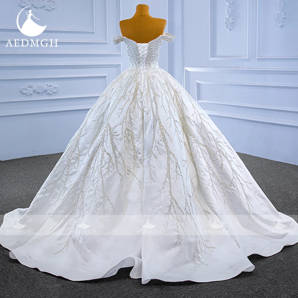 Aedmgh Ball Gown Abiti da sposa in raso Sweetheart con spalle scoperte Semplice Vestido De Novia Abito da sposa su misura con paillettes in pizzo