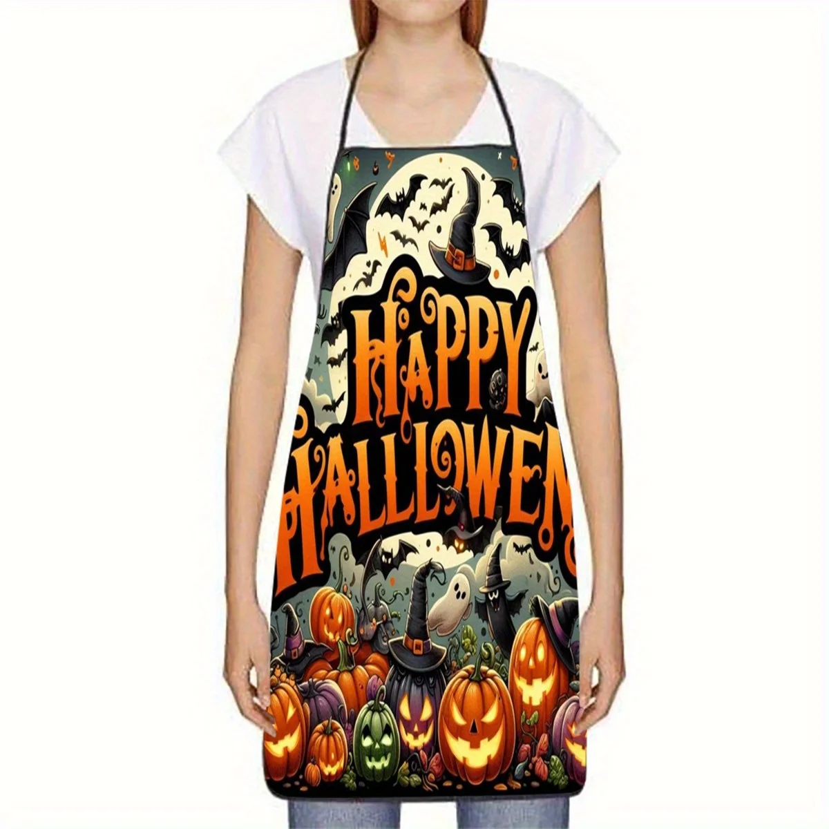 Vibrant Halloween Themed Oxford Cloth Apron Black With Orange And White Pumpkins Bats And Witch Hat Graphics
