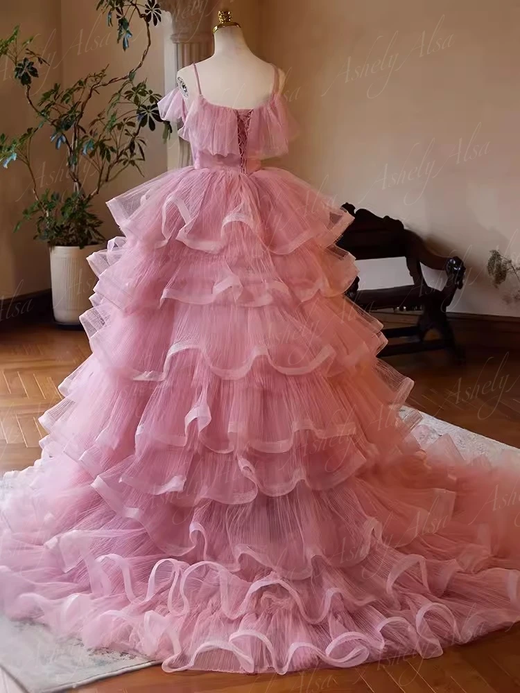 Real Picture Luxury Pink Princess Girl Birthday Party Dresses Spaghetti Strap Tiered Skirt Ball Gown Prom Dancing Quinceanera 15