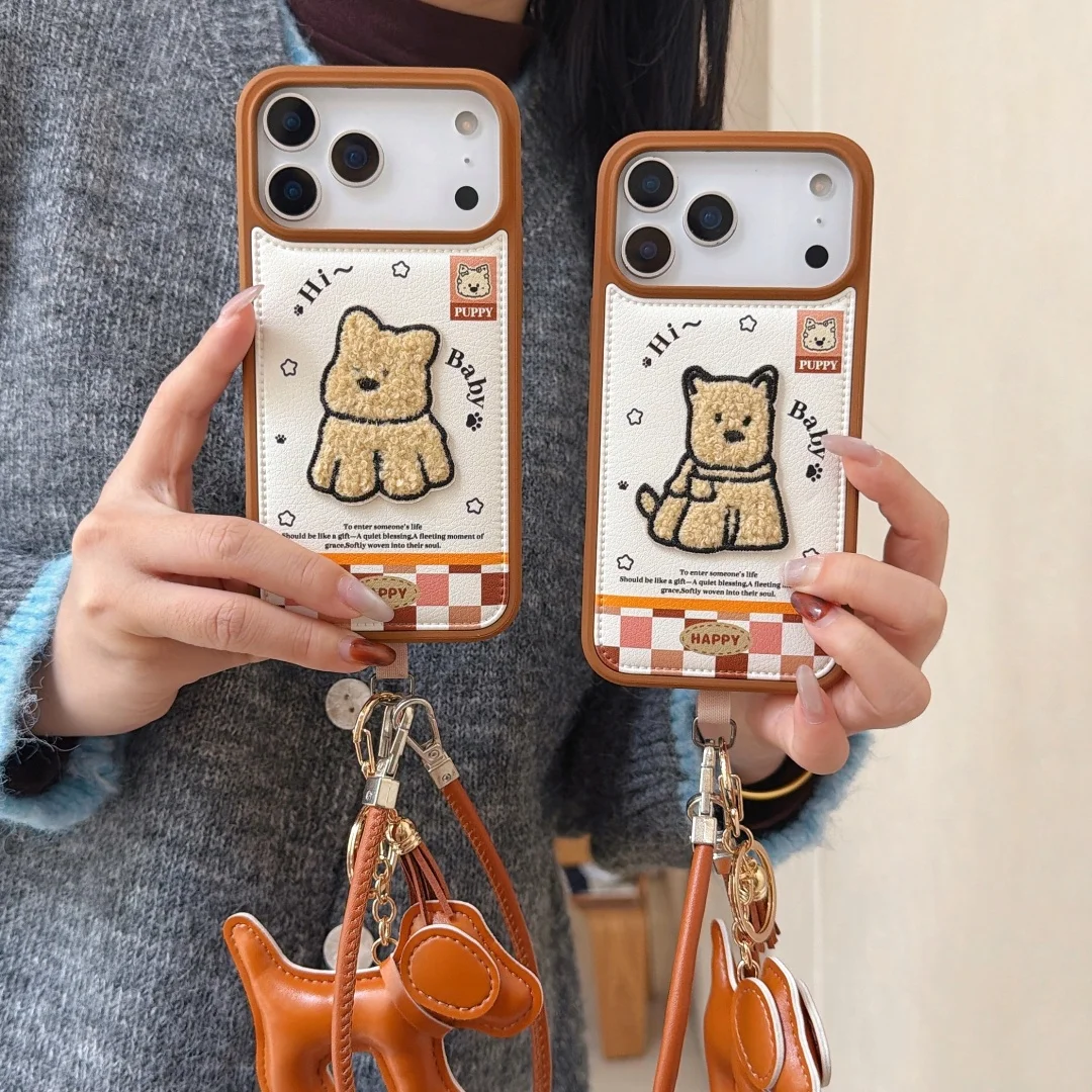 

INS Korean Cute Cartoon Embroidered puppy toy lanyard Phone Case For iPhone 17 16 15 14 13 Pro Max 14 15 Plus Cover
