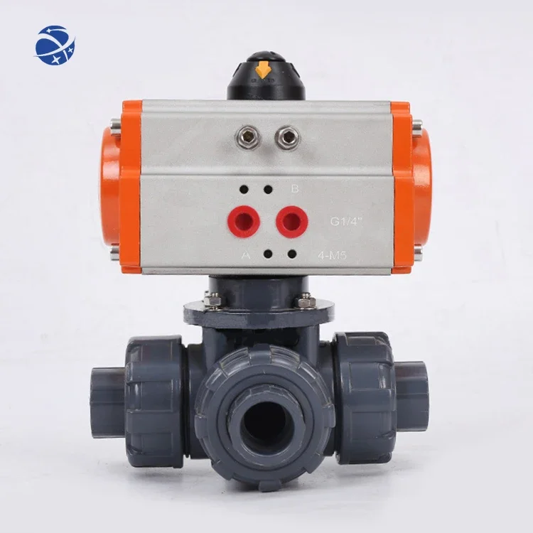 Double Union PVC Plastic 3 Ways L port Pneumatic Control socket Ball Valve Spring Returned with Air Solenoid Valve