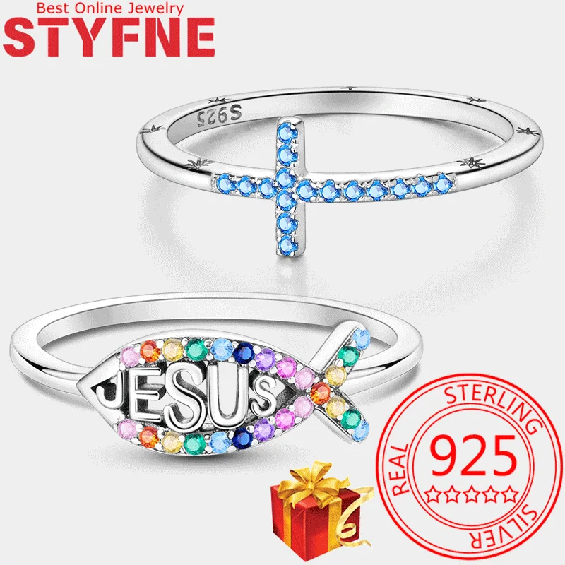 

Rings New 925 Sterling Silver Rings Holy Light Jesus and Fish Sparkling Blue Zircon Rings For Women Party Wedding Jewelry Gift