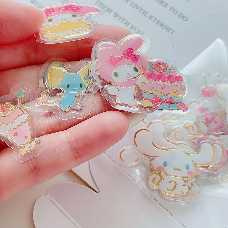 Anime Kawaii Kuromi My Melody Cinnamoroll KT Cute Cartoon Ice Cream Cup Stereo Crystal Sticker Pack DIY Handbook Stickers Gift