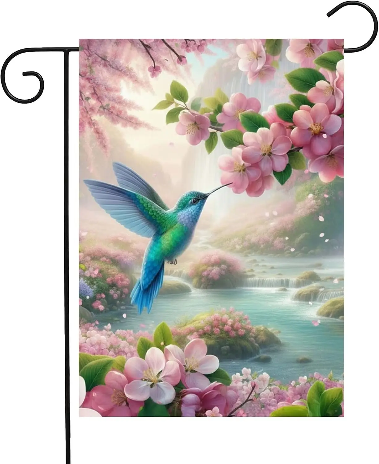 Hummingbird Waterfall Pink Cherry Blossoms Spring Landscape Garden Yard Flag 12