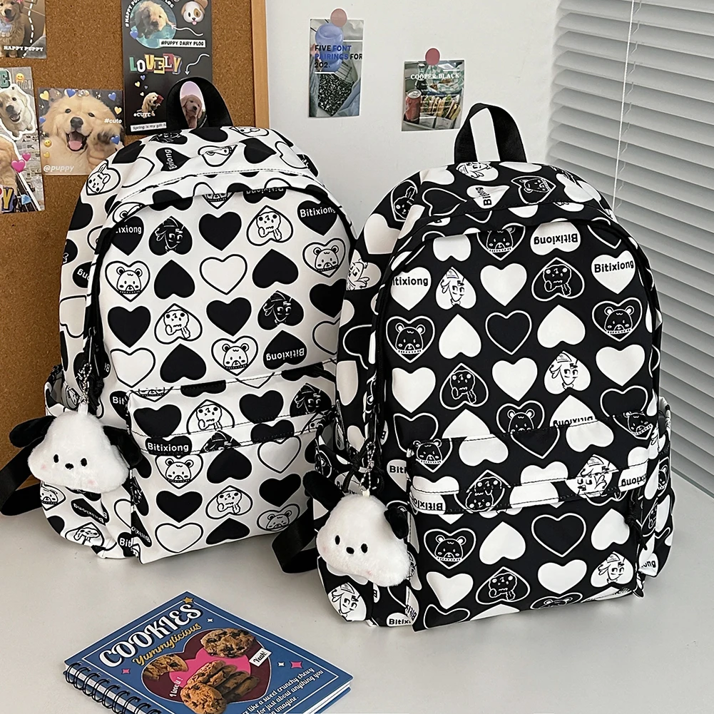 

Casual Backpack for Kids Students SchoolBag Heart Pattern Shoulder Bag Nylon Adjustable Strap Large Capacity Rucksack For Teens