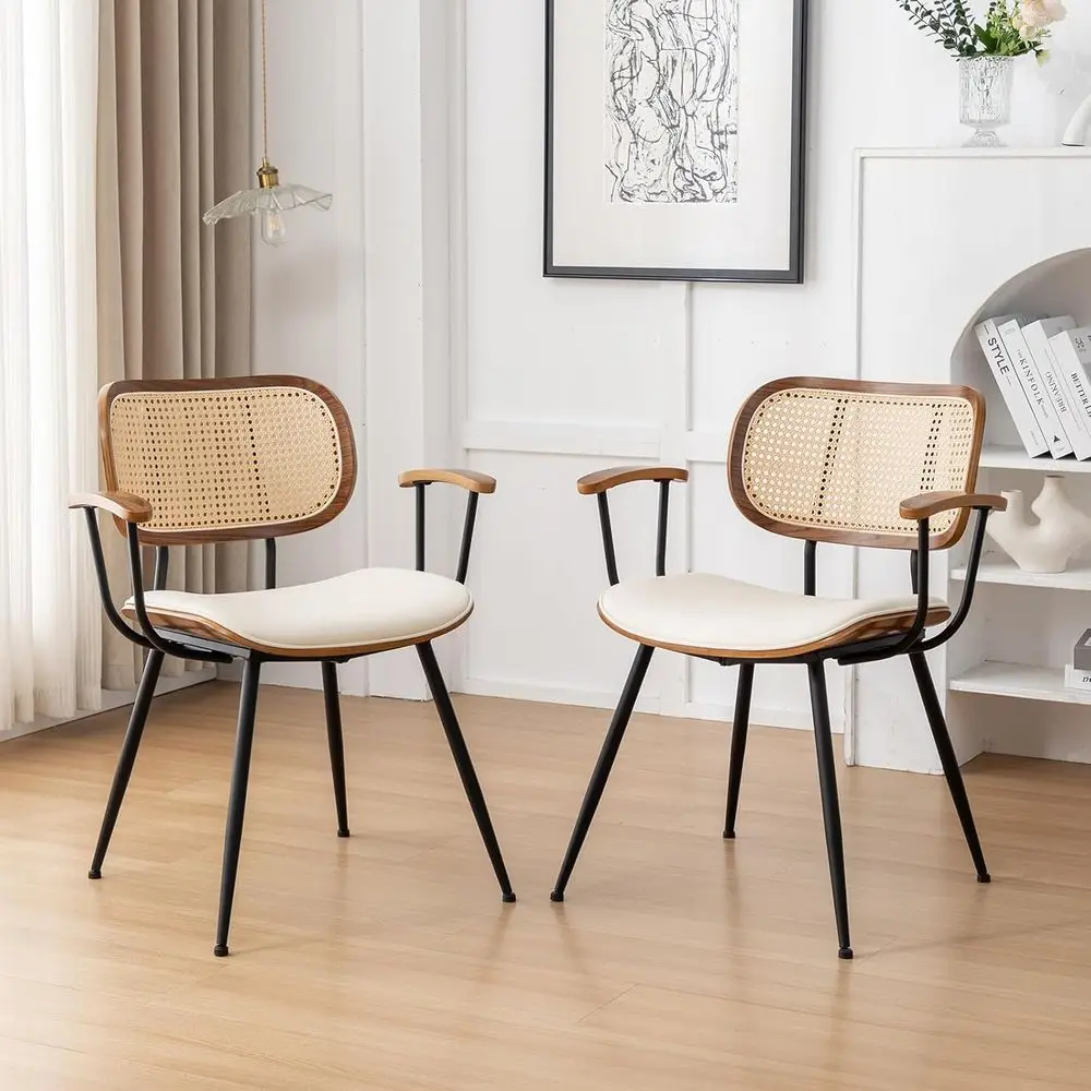 

Комплект из 2 обеденных стульев в стиле Mid-Century Modern, стулья с металлическими ножками, акцентные стулья с обивкой из искусственной кожи и спинкой из ротанга, бежевый цвет
