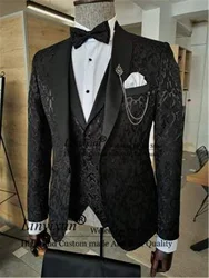 Jacquard Men Suits For Wedding Shawl Lapel Groom Tuxedos 3 Pieces Sets Bridegroom Blazers Slim Fit Trajes Elegante Para Hombres