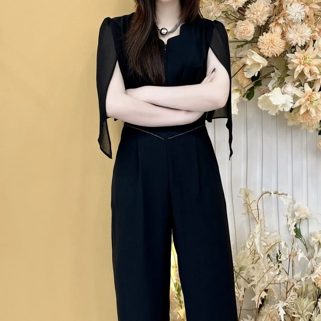 

2024 Summer Women New Black Red Jumpsuit Short Sleeve Cape Style Overalls Wide Leg Rompers Female OL Work Wear Trousers