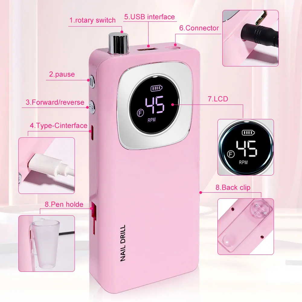 Profesjonalna, akumulatorowa frezarka do paznokci 45000 obr./min, przenośna, bezprzewodowa pilarka do paznokci do usuwania żelu akrylowego.
