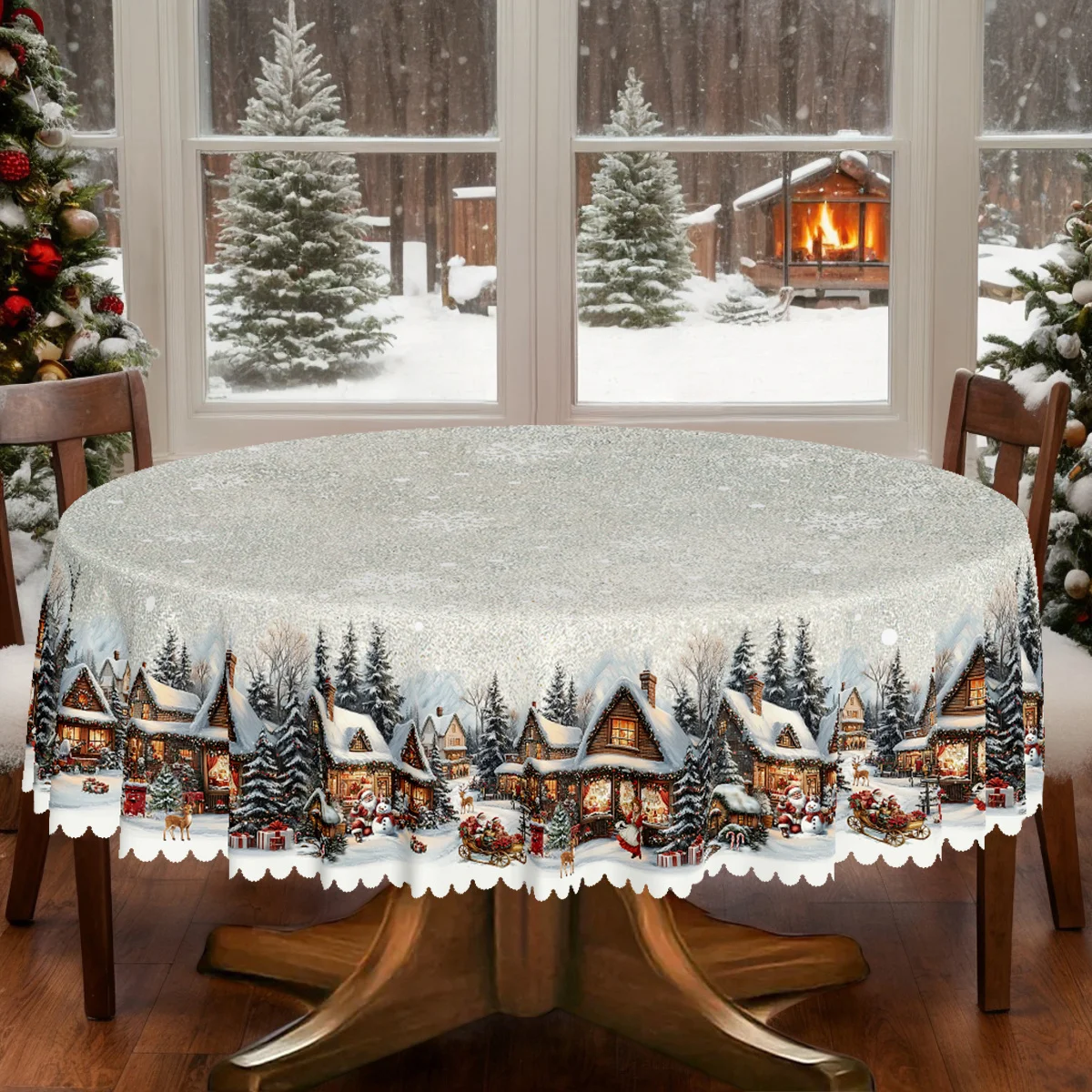 1 piece, Christmas party tablecloth, Santa Claus reindeer snowman house winter snow design pattern