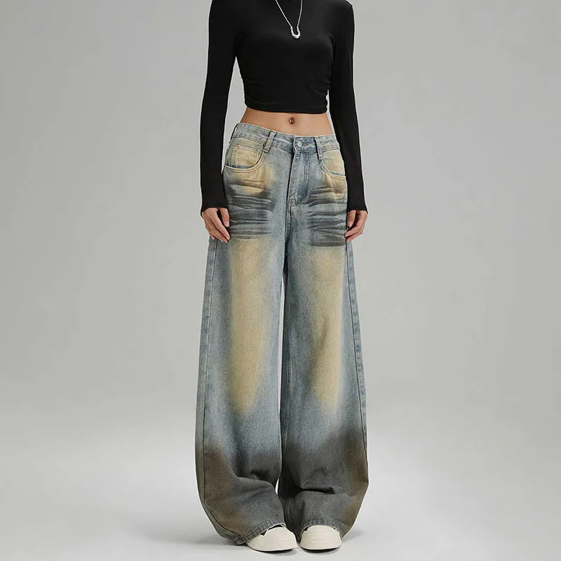 

Spring Autumn Korean Fashion Vintage High Waist Gradient Baggy Jeans Wide Leg Jeans For Women Straight Leg Pants