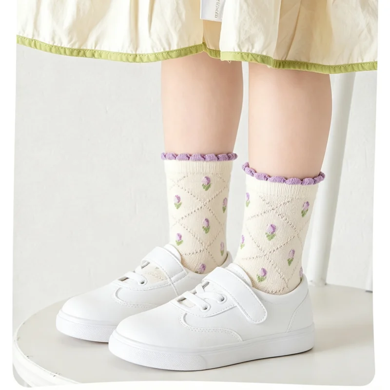 Girls Cotton Socks Spring Ruffle Socks Floral Purple Bowknot Socks 5 Pairs Mid Calf Socks 1-12Y Children's Cotton Socks