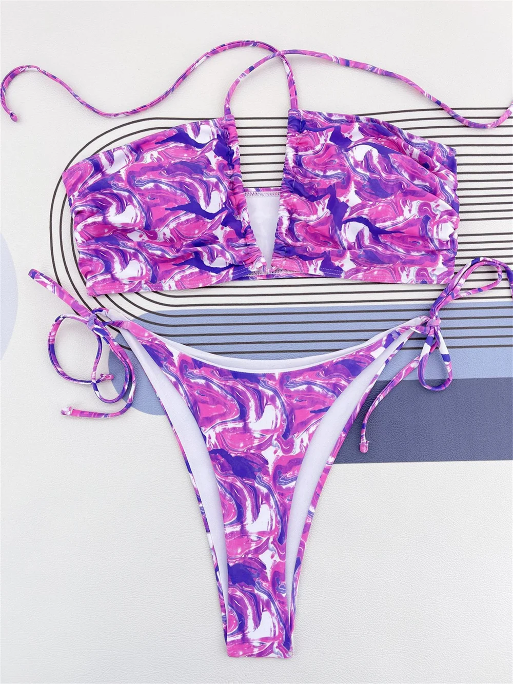 

Sexy Print Bikini Tie Dye Y2K Extreme String Bandeau Swimsuit Micro Tanga Halter Swimwear Women Beach Outfit Bathing Bikinis Set