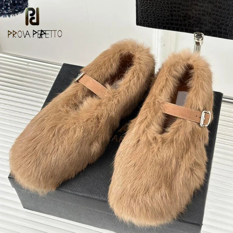 

Flat Fur Ballet Shoes One Word Buckle Strap Mary Jane Plush Ballerinas Women Comfortable Luxury Winter All Match Dancing Sapatos