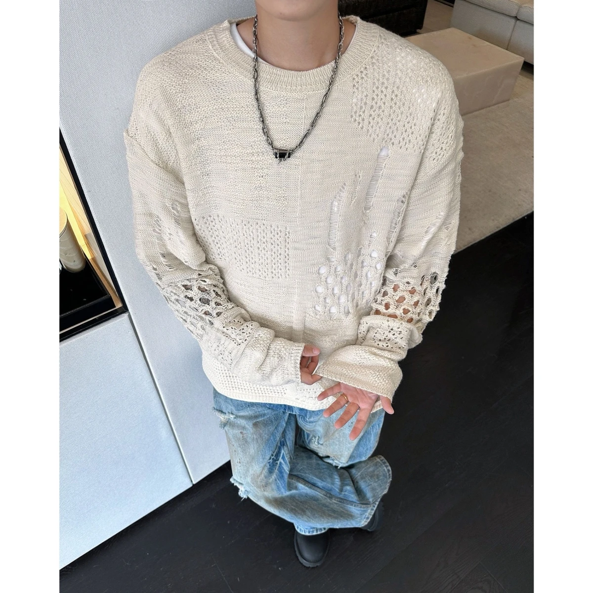 

Мужской вязаный свитер в американском стиле ретро, осень-зима, повседневный длинный свитер из полиэфирного волокна, круглый Ne