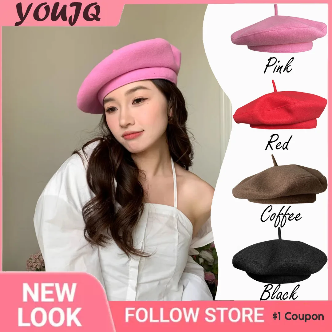 

Korea Hight Quality Sweet Wool Blend Beret Winter Spring Caps for Ladies Lovely Pink Painter Hat Flying Saucer Hat Female Gorras