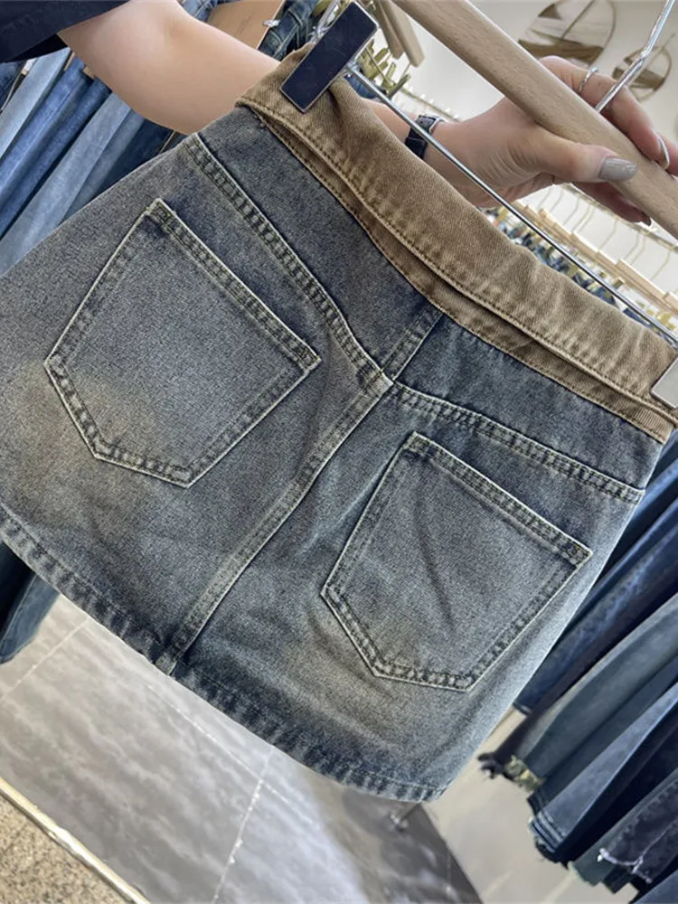 Color Blocking Denim Skirt for Women Retro High Waisted Blue Hip Hugging Short Skirt 2026 New Summer Anti Glare Half Dress