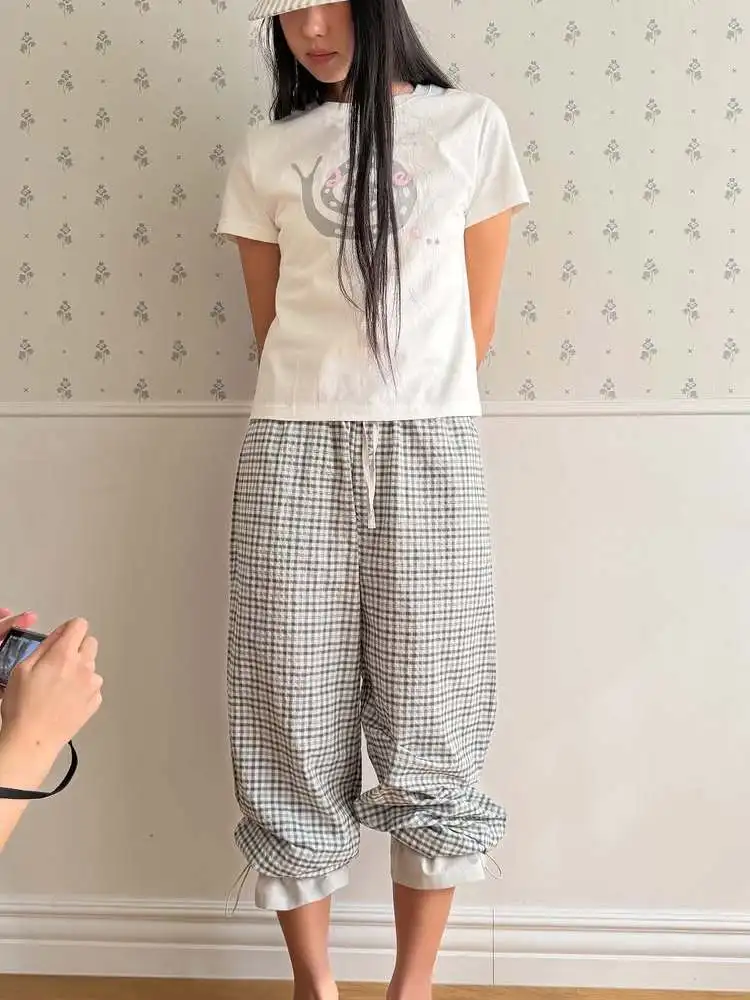 

Bear Head Print High Waist Cuffed Casual Pants Women's Checkered Color Block Leisure Trousers Fiber Ultrafine Fabric Cotton