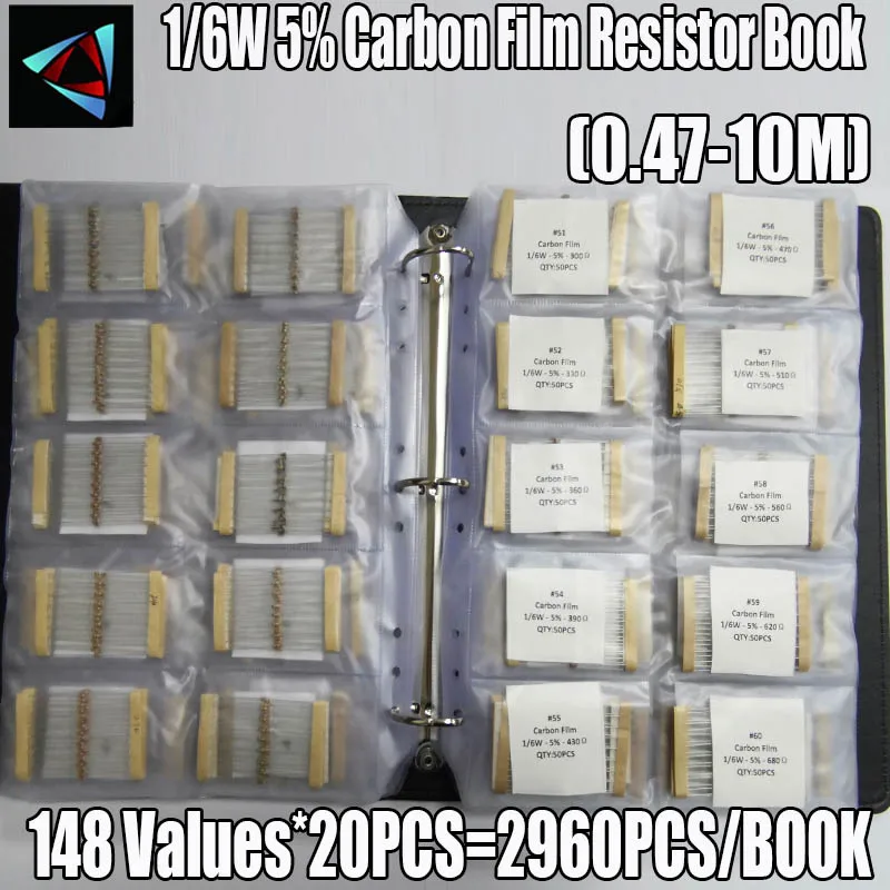 

1/6W 5% 0.47~10M Carbon Film 148valuesX20pcs=2960pcs Assorted Resistor Kit Pack Sample Book