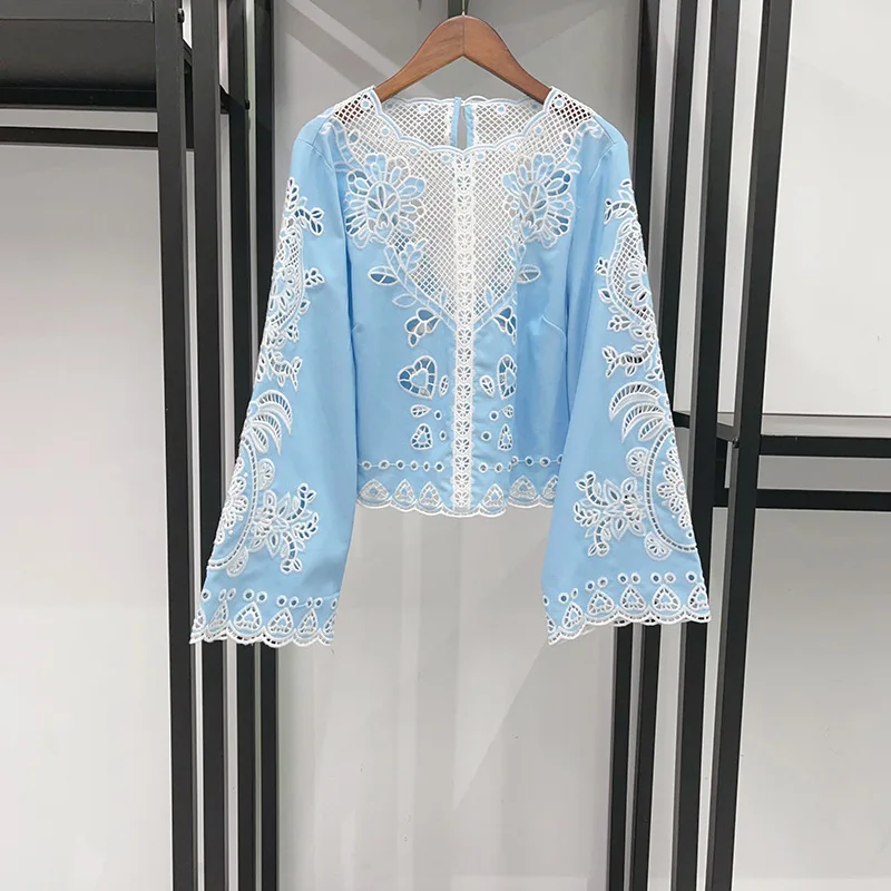 Women 2 Piece Outfits Hollow Embroidery Flare Long Sleeve Crop Top High Waist Shorts with Belt Boho Vacation Matching Sets