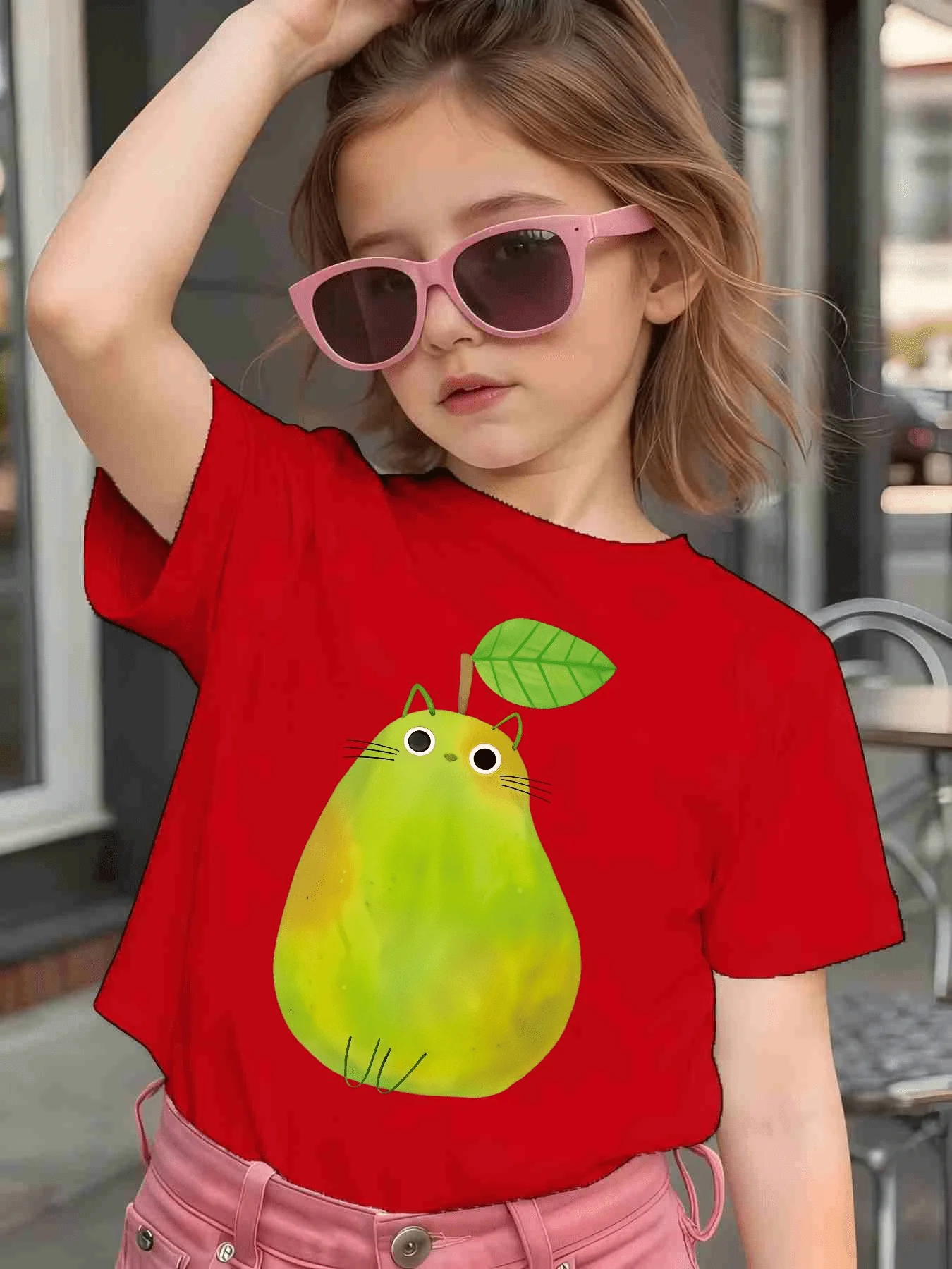 Cute Pear Cat Cartoon Kids T Shirt Fruit Animal Pattern Tops Boys Girls Parent Child Matching Cotton Summer Children Daily Wear