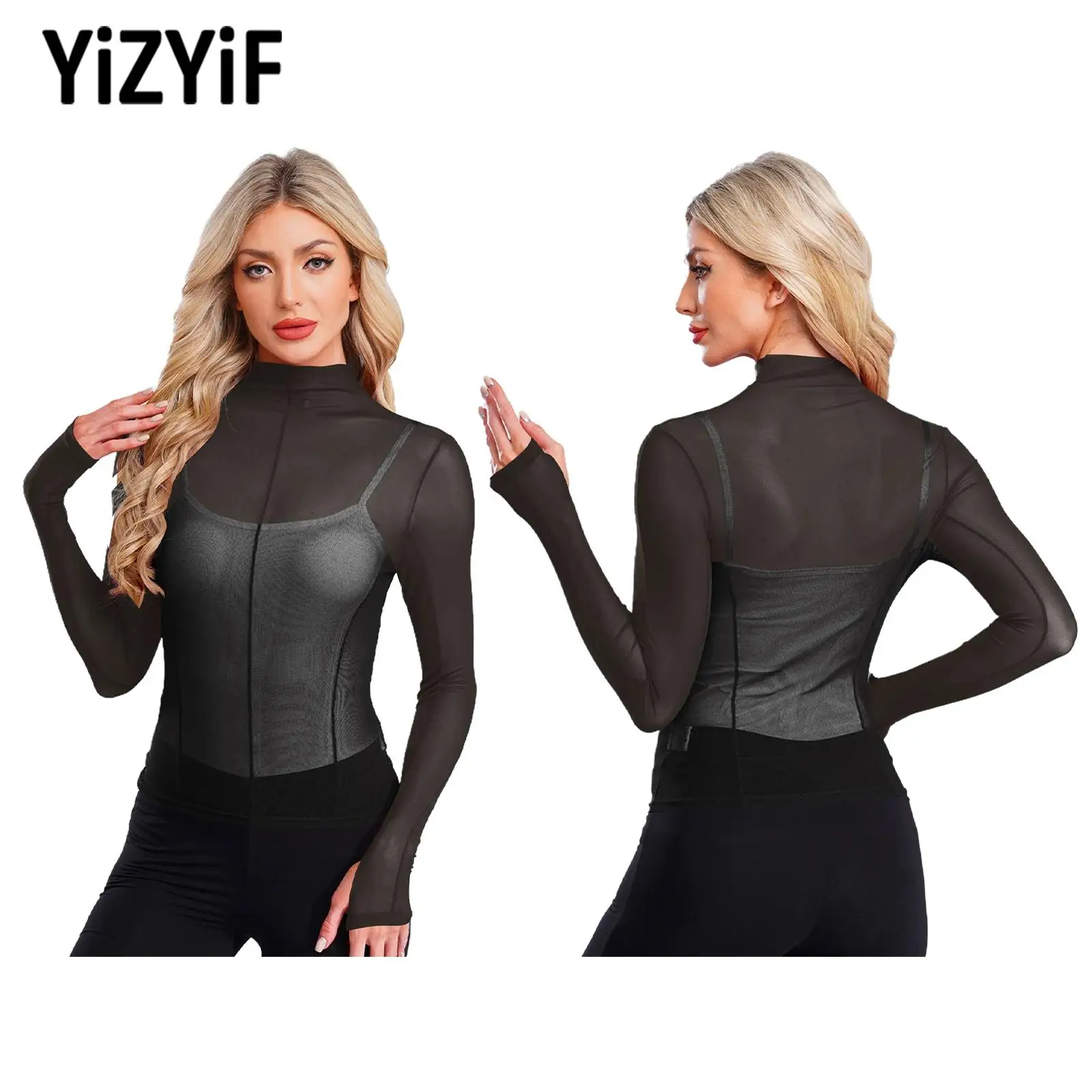 

Women Sexy See-Through Mesh Top Breathable Beach Pool Party Clothes Mock Neck Long Sleeve T-shirt for Dance Yoga Sports Fitness