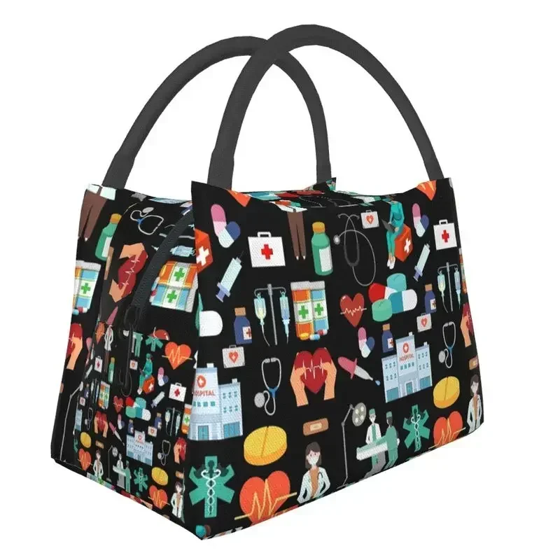 Nurse Themed Pattern Insulated Lunch Bags for Women Resuable Nursing Tool Cooler Thermal Lunch Box Work Picnic Shoulder Bag