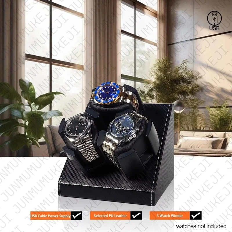 3 Watch Winder Box PU Leather Rotating Storage Display Universal USB Power 5V1A for Automatic Watches