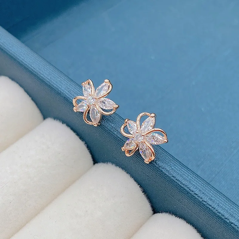 Delicate Gold Color Flower Stud Earrings with Tiny Zircon Paved Shiny Petal Earring for Women Cute Girls Lady Dangler Jewelry